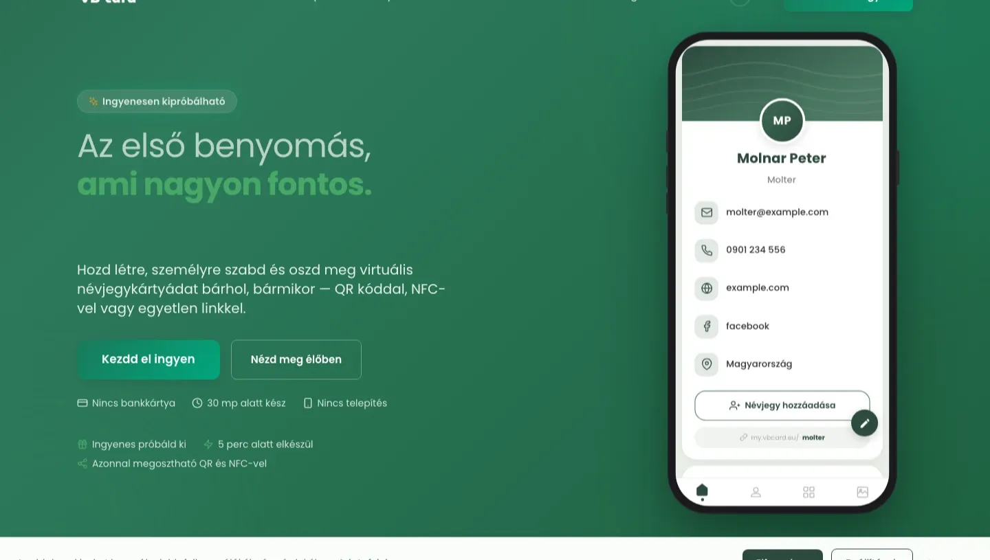 A vbcard.eu nyitóoldala, digitális névjegykártya-platform