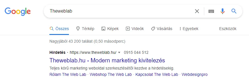 A theweblab.hu megjelenése a Google keresési találatai között